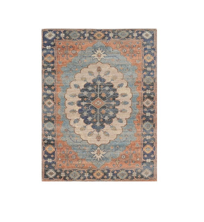 8' X 10' Blue Orange And Black Medallion Hand Woven Distressed Area Rug