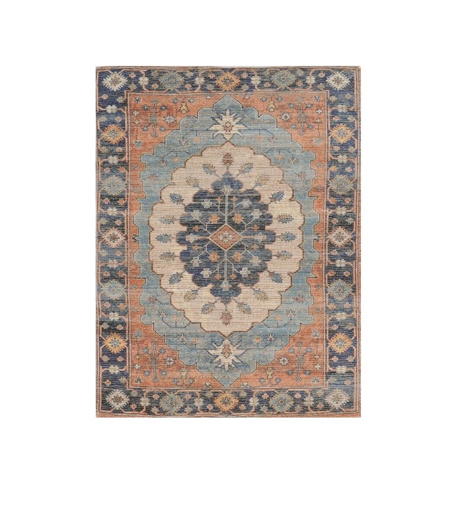 8' X 10' Blue Orange And Black Medallion Hand Woven Distressed Area Rug