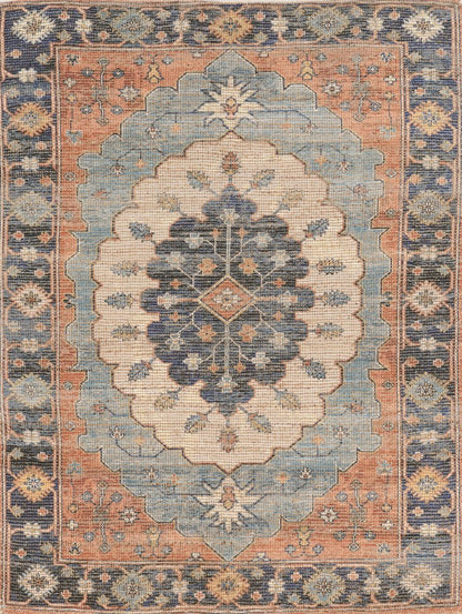 8' X 10' Blue Orange And Black Medallion Hand Woven Distressed Area Rug