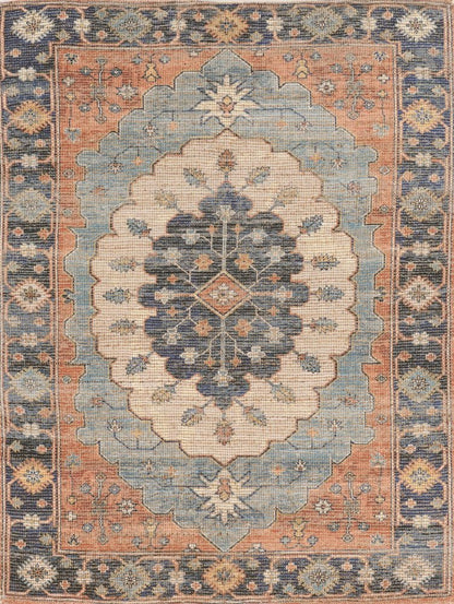 5' X 7' Blue Orange And Black Jute Medallion Hand Woven Area Rug