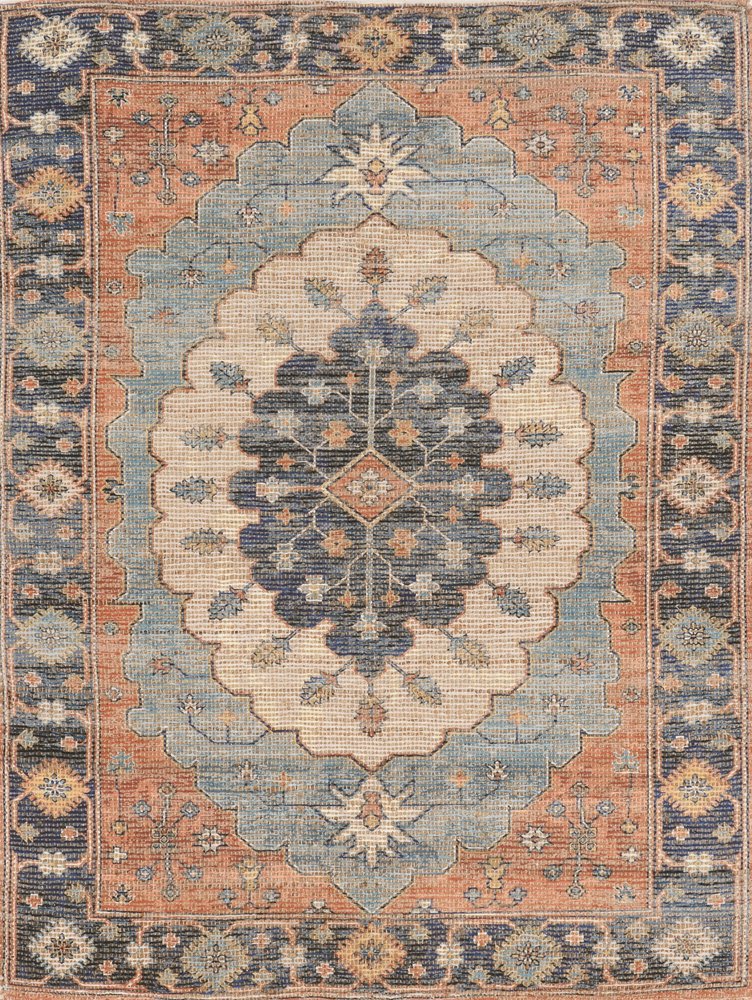 8' X 10' Blue Orange And Black Medallion Hand Woven Distressed Area Rug