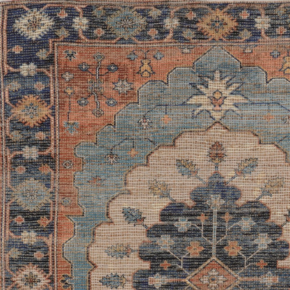 8' X 10' Blue Orange And Black Medallion Hand Woven Distressed Area Rug