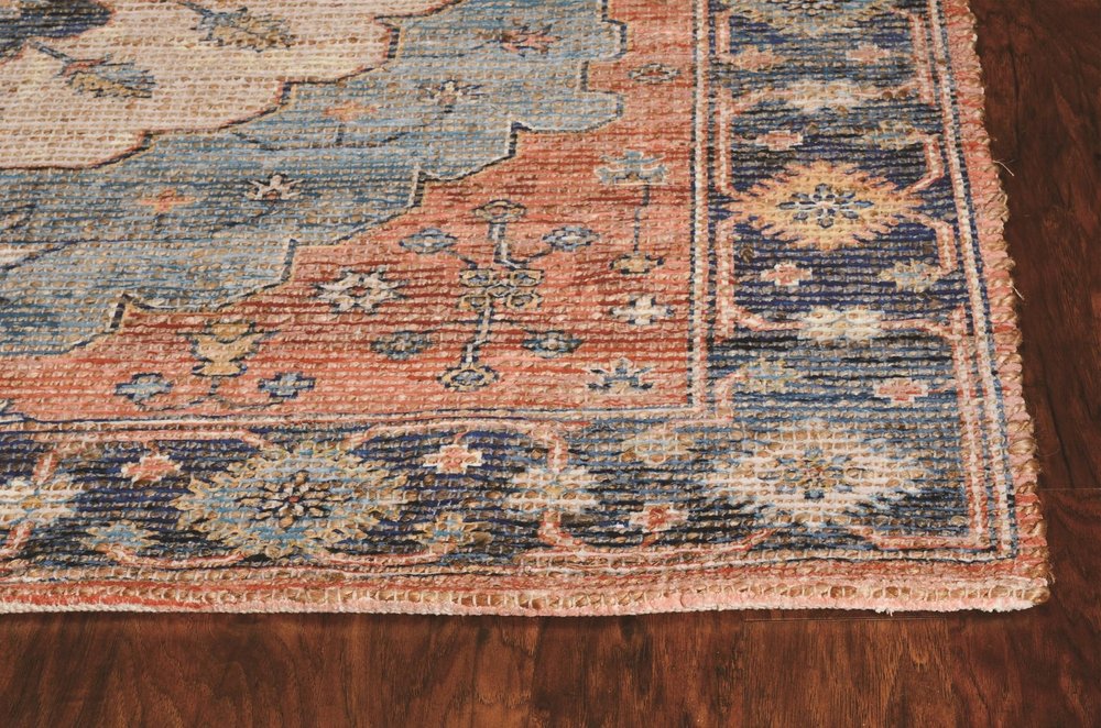 8' X 10' Blue Orange And Black Medallion Hand Woven Distressed Area Rug