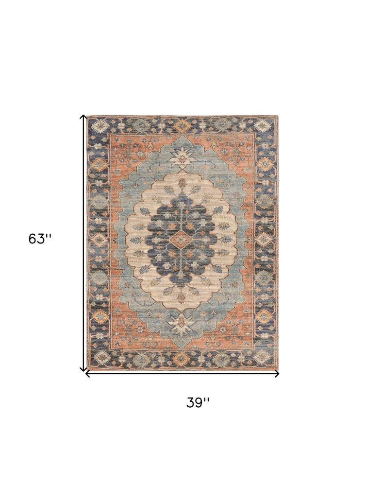 3' X 5' Blue Orange And Black Jute Medallion Hand Woven Area Rug