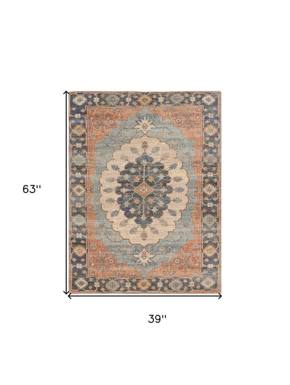 3' X 5' Blue Orange And Black Jute Medallion Hand Woven Area Rug