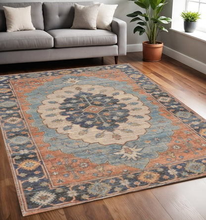 8' X 10' Blue Orange And Black Medallion Hand Woven Distressed Area Rug
