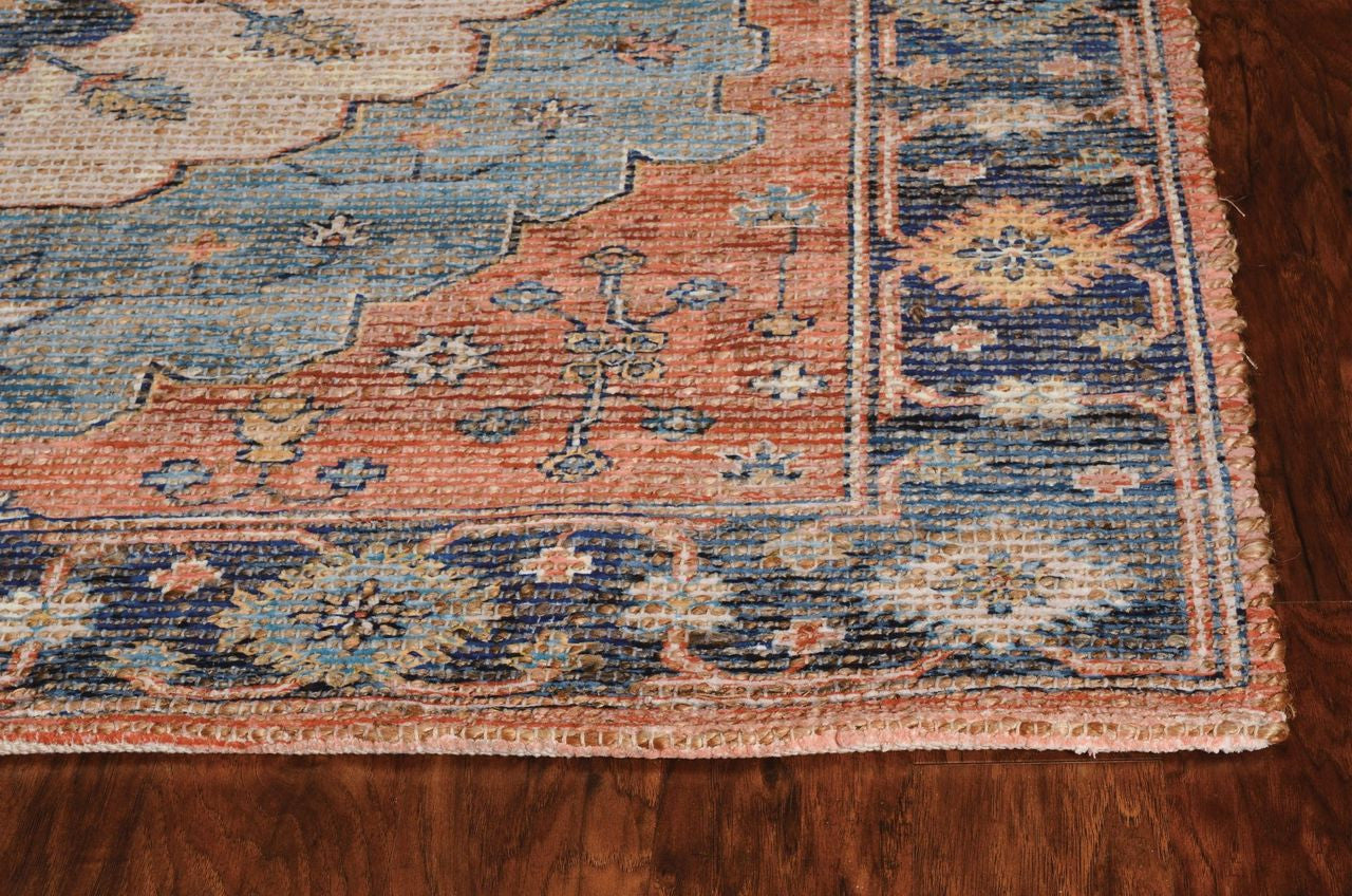 8' X 10' Blue Orange And Black Medallion Hand Woven Distressed Area Rug