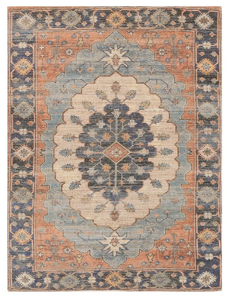 8' X 10' Blue Orange And Black Medallion Hand Woven Distressed Area Rug