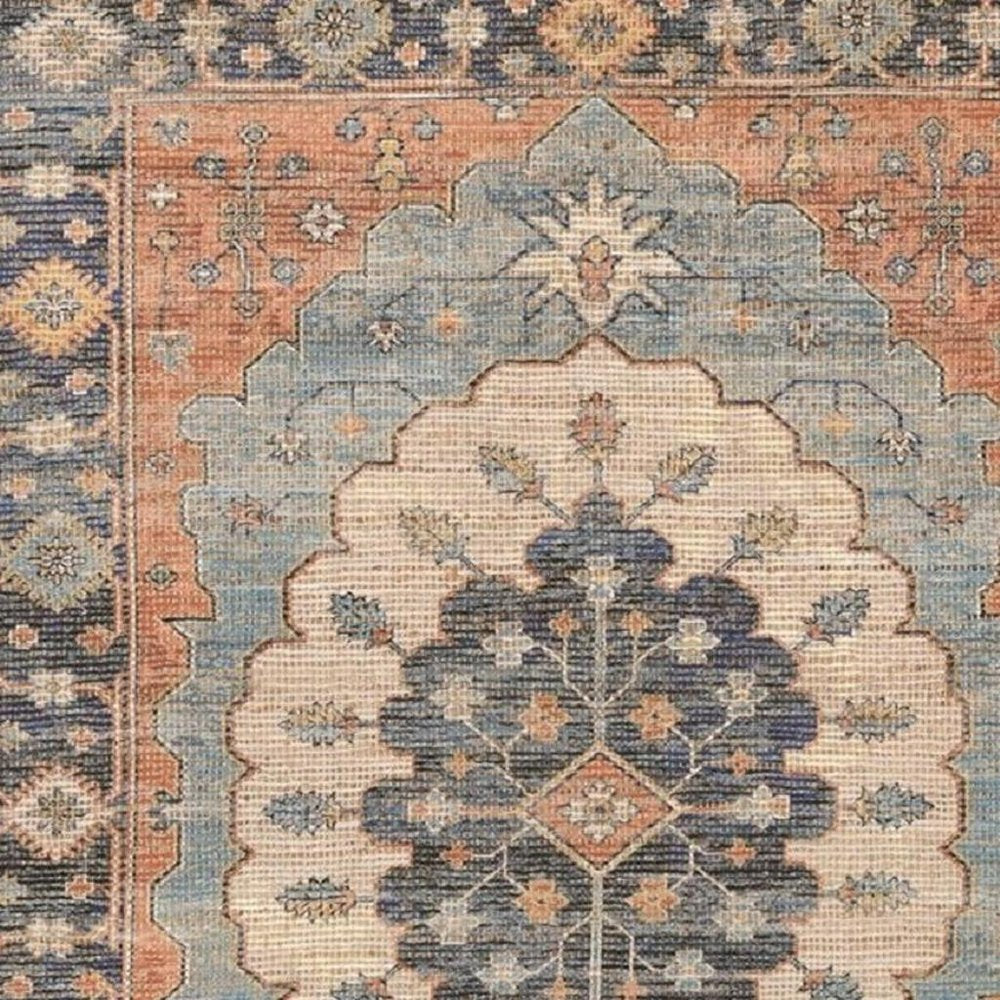 8' X 10' Blue Orange And Black Medallion Hand Woven Distressed Area Rug