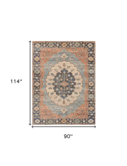 8' X 10' Blue Orange And Black Medallion Hand Woven Distressed Area Rug