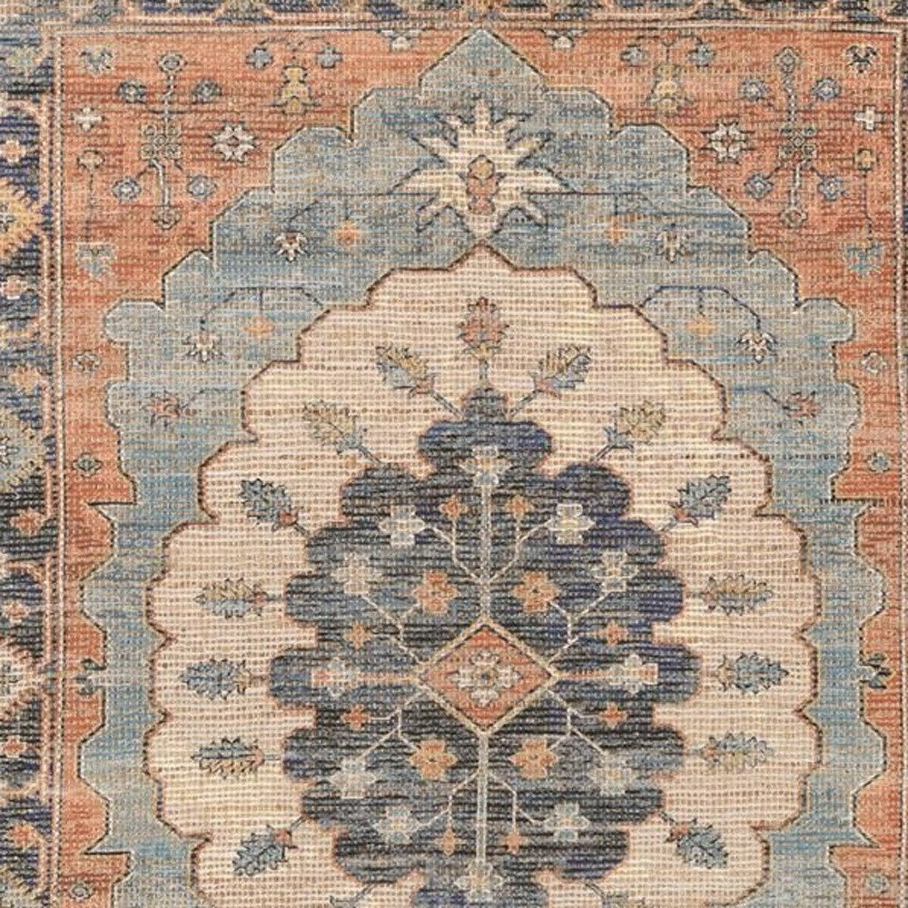 8' X 10' Blue Orange And Black Medallion Hand Woven Distressed Area Rug