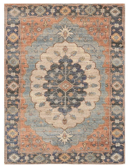 8' X 10' Blue Orange And Black Medallion Hand Woven Distressed Area Rug