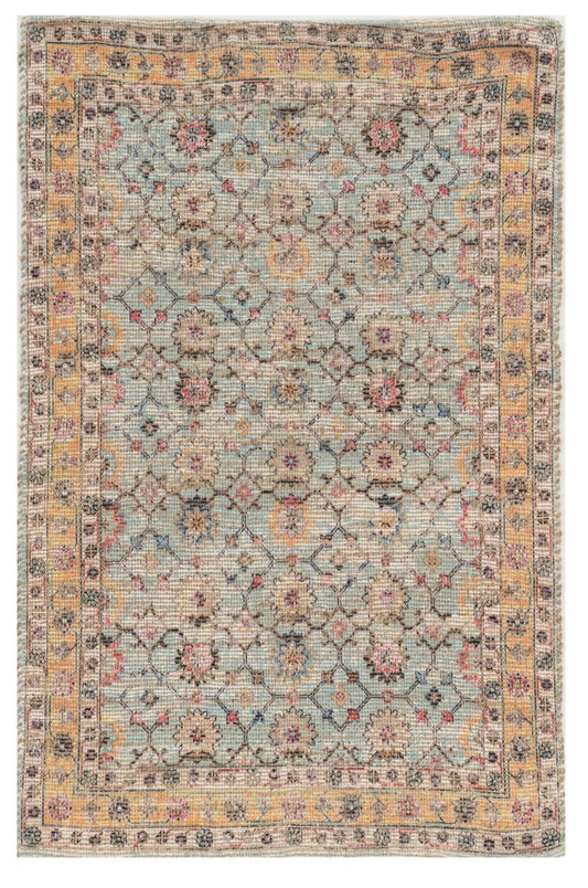 9' X 12' Blue And Beige Jute Floral Hand Woven Area Rug