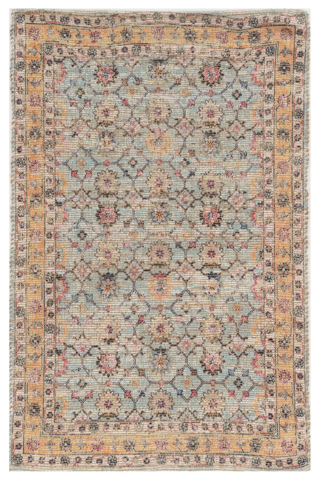 8' X 10' Blue And Beige Jute Floral Hand Woven Area Rug