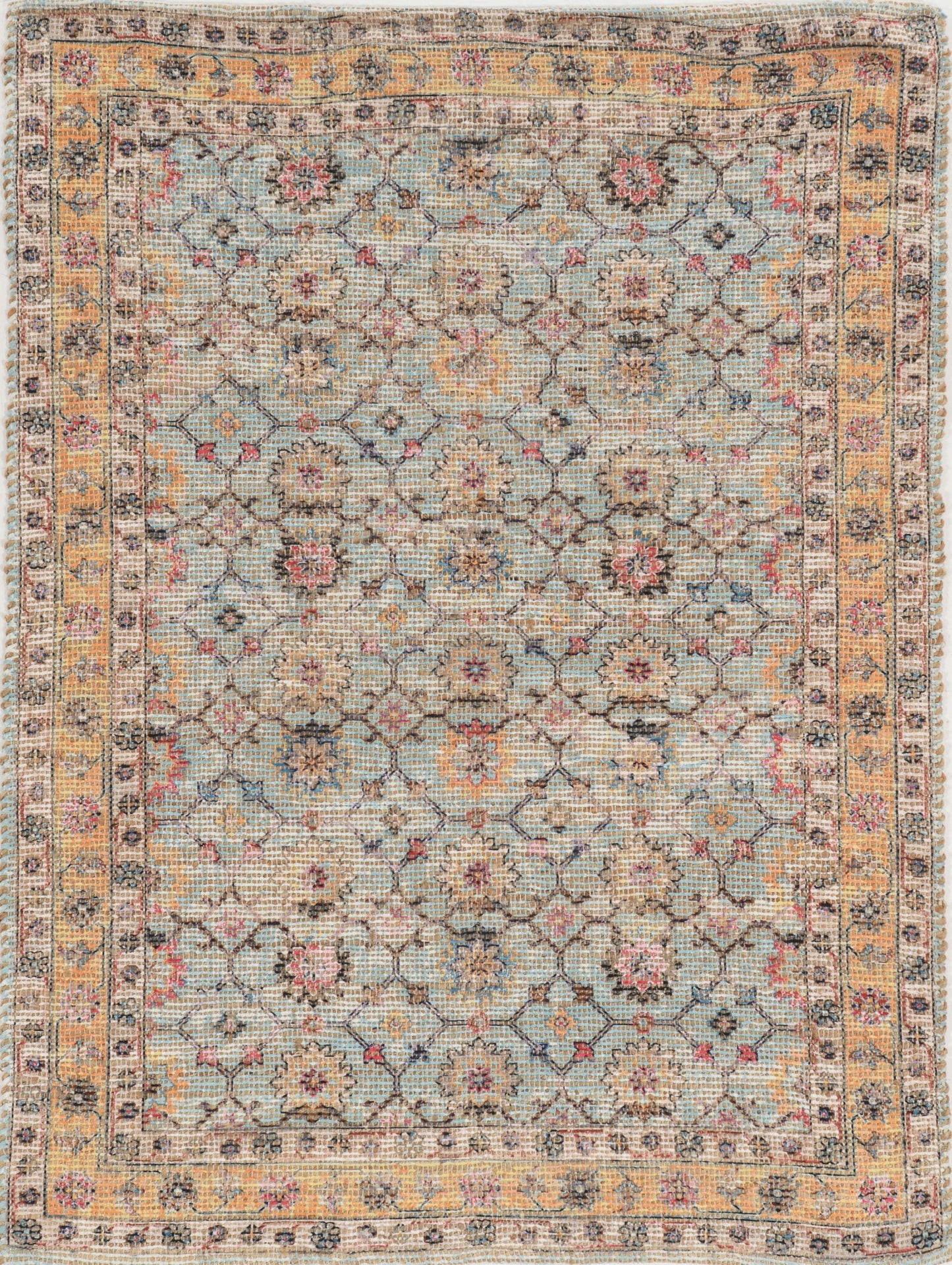 8' X 10' Blue And Beige Jute Floral Hand Woven Area Rug