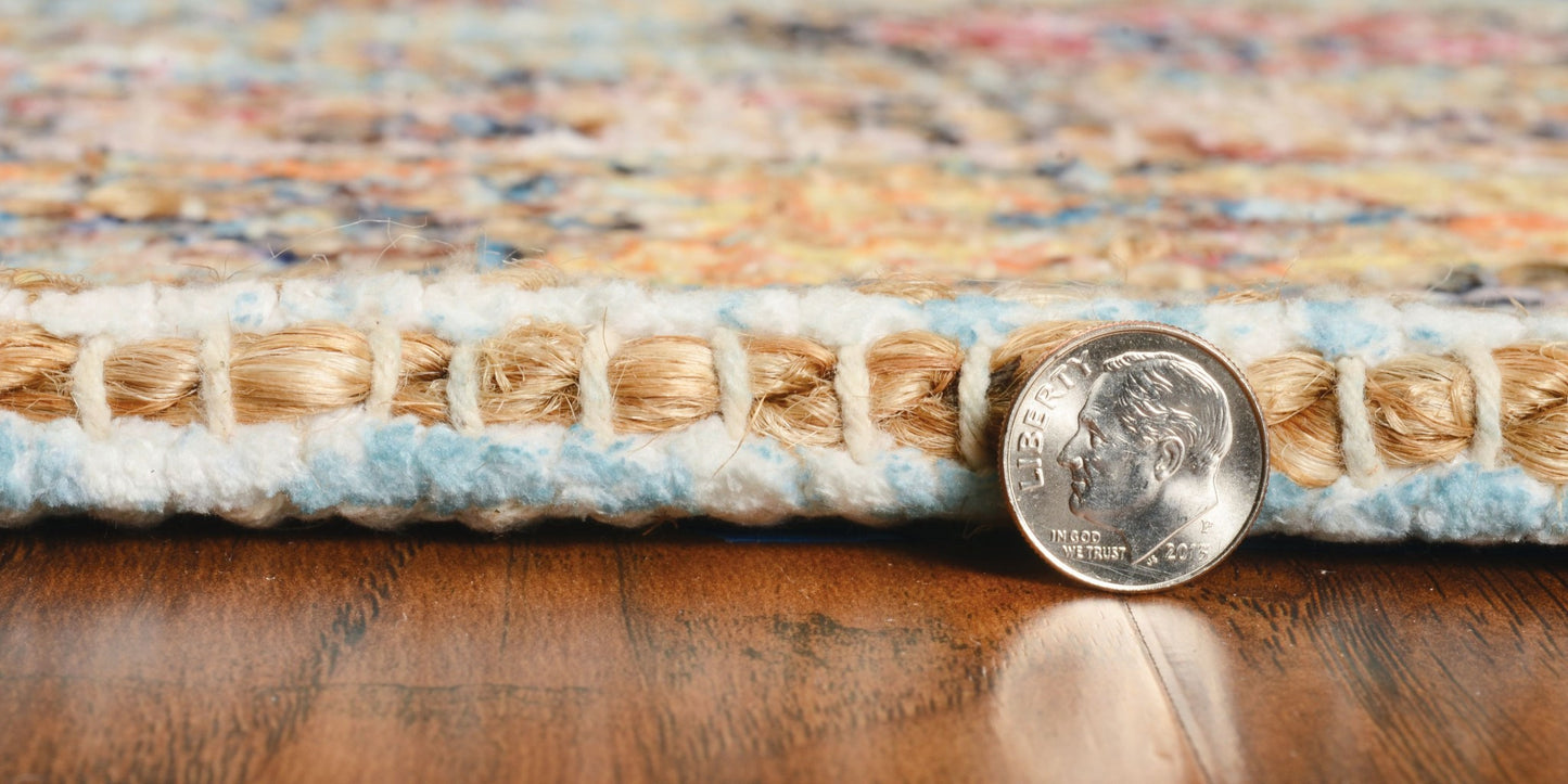 8' X 10' Blue And Beige Jute Floral Hand Woven Area Rug