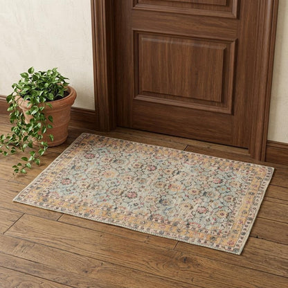 5' X 7' Blue And Beige Jute Floral Hand Woven Area Rug