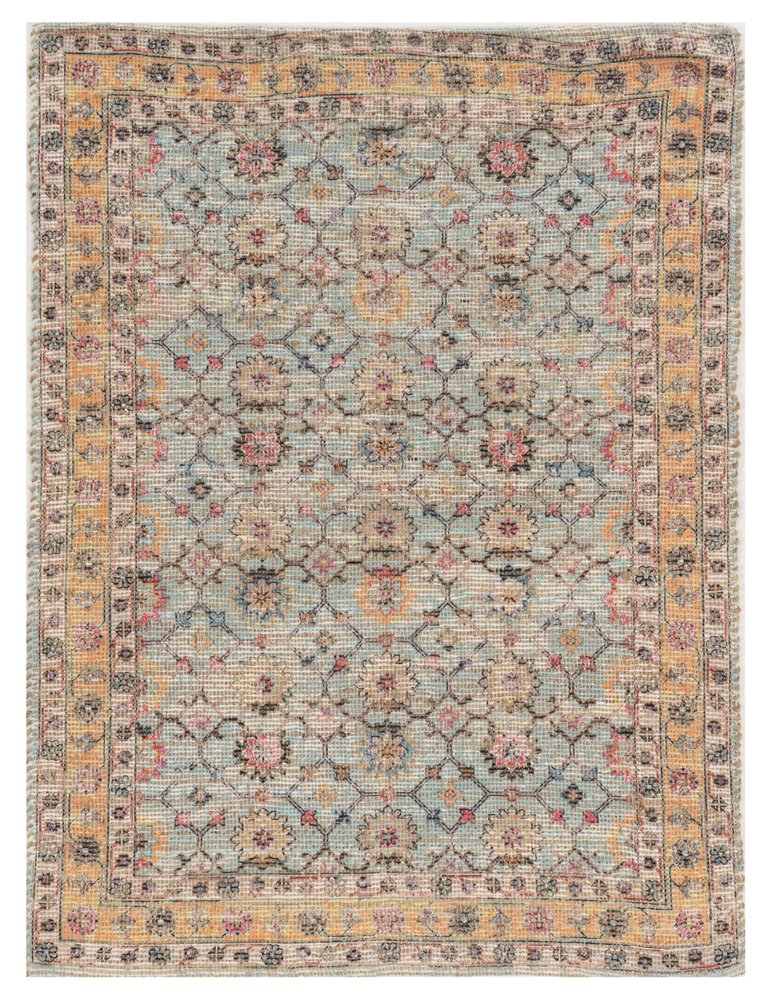 5' X 7' Blue And Beige Jute Floral Hand Woven Area Rug