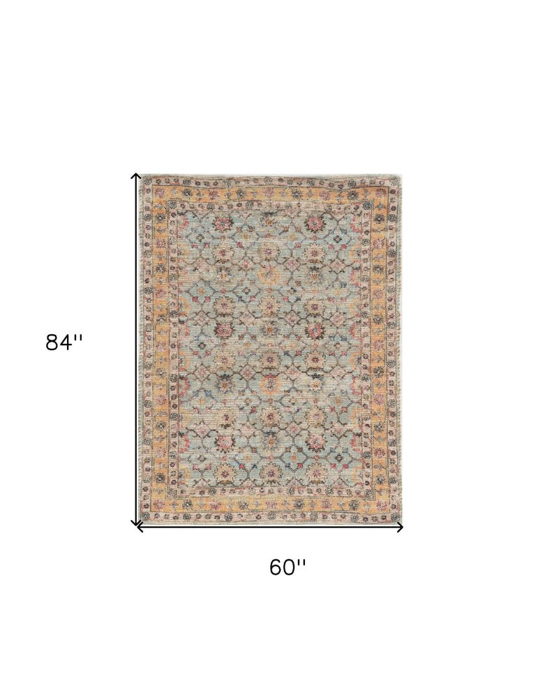 2' X 4' Blue And Beige Jute Floral Hand Woven Area Rug