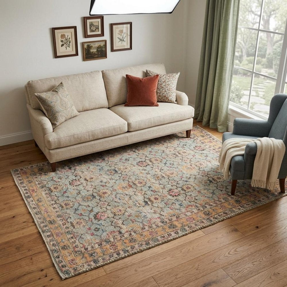 2' X 4' Blue And Beige Jute Floral Hand Woven Area Rug