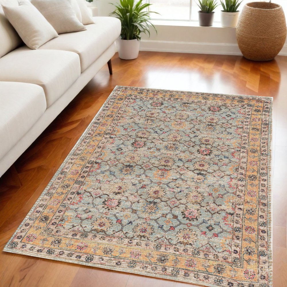 8' X 10' Blue And Beige Jute Floral Hand Woven Area Rug