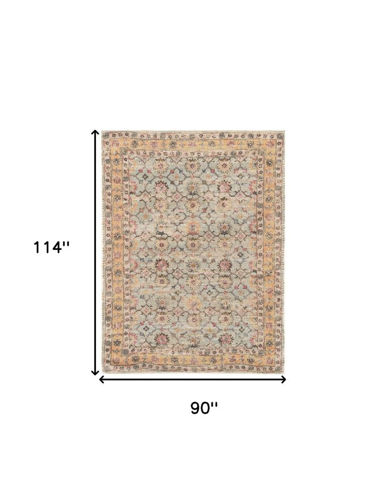 5' X 7' Blue And Beige Jute Floral Hand Woven Area Rug