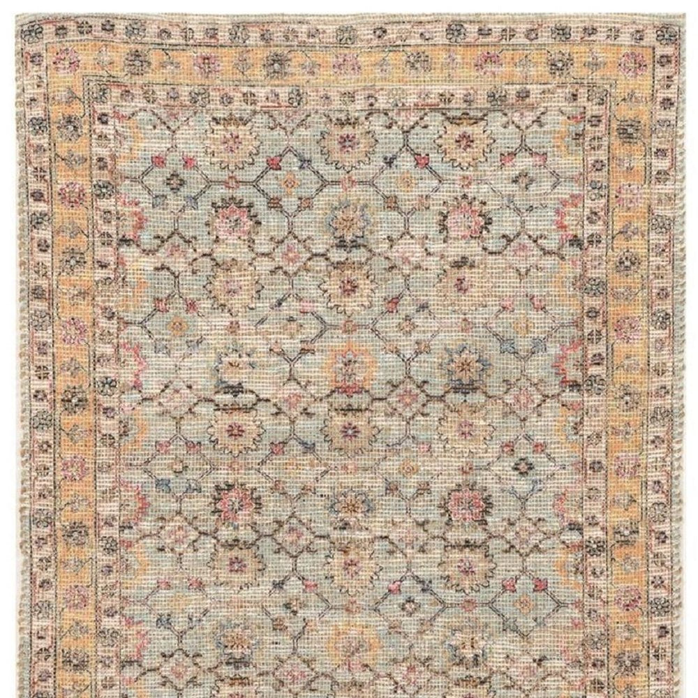 8' X 10' Blue And Beige Jute Floral Hand Woven Area Rug