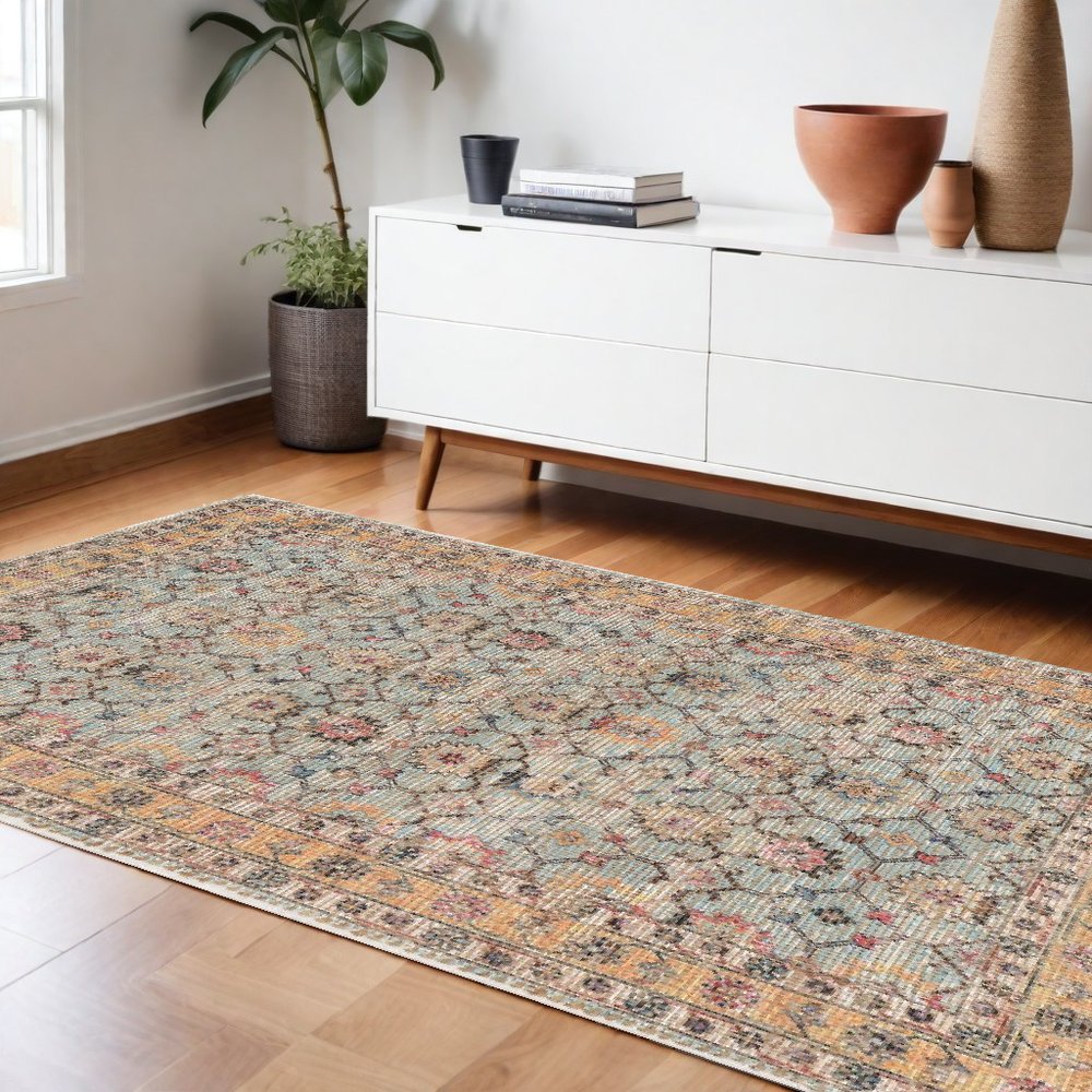 8' X 10' Blue And Beige Jute Floral Hand Woven Area Rug