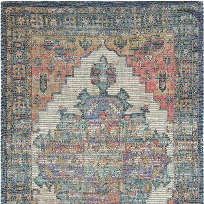 2' X 4' Blue Brick Red And Brown Jute Medallion Hand Woven Distressed Area Rug