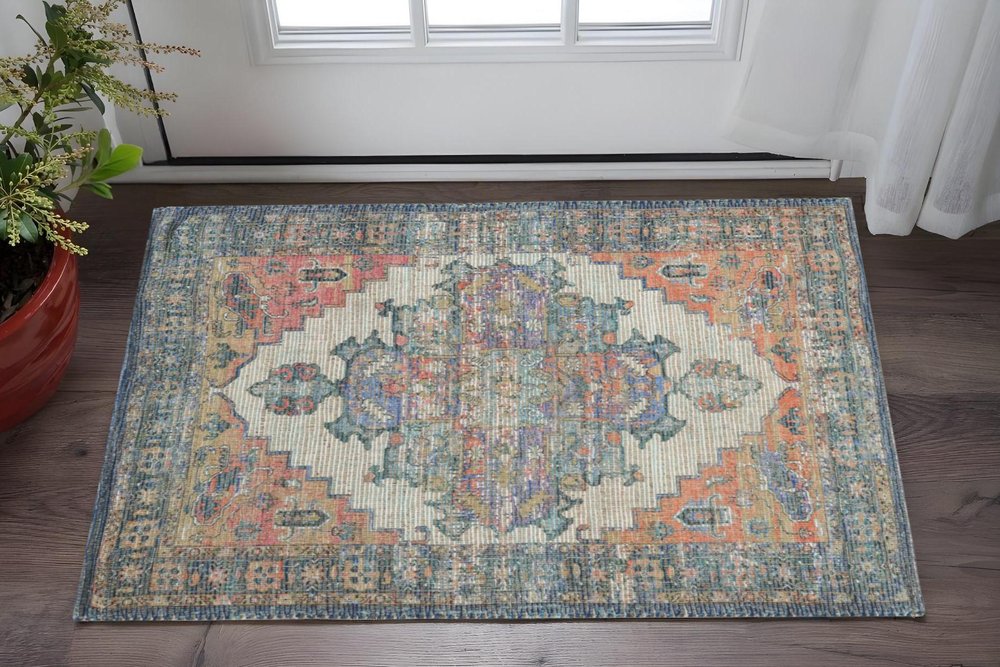 5' X 7' Blue Brick Red And Brown Jute Medallion Hand Woven Distressed Area Rug