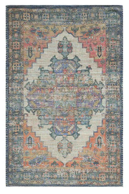 5' X 7' Blue Brick Red And Brown Jute Medallion Hand Woven Distressed Area Rug
