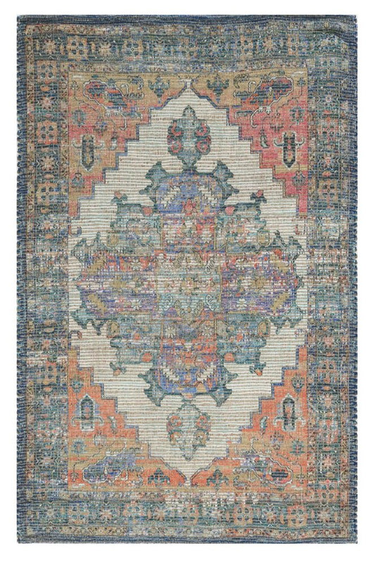 2' X 4' Blue Brick Red And Brown Jute Medallion Hand Woven Distressed Area Rug
