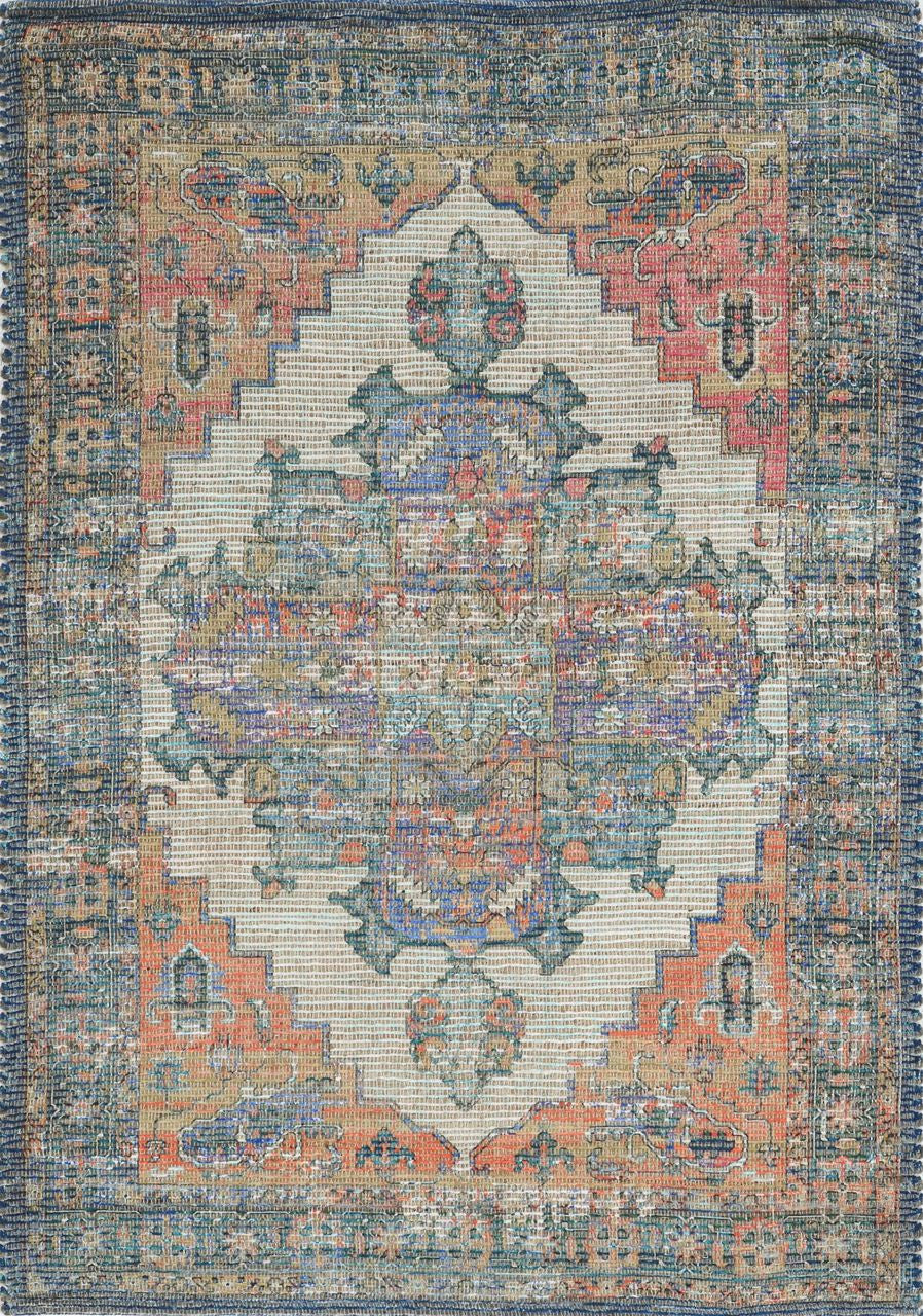 2' X 4' Blue Brick Red And Brown Jute Medallion Hand Woven Distressed Area Rug