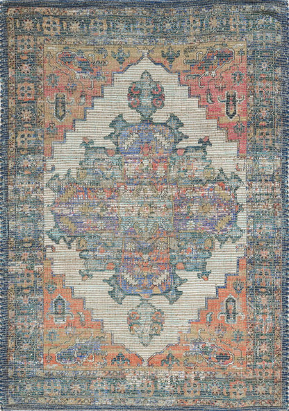 2' X 4' Blue Brick Red And Brown Jute Medallion Hand Woven Distressed Area Rug