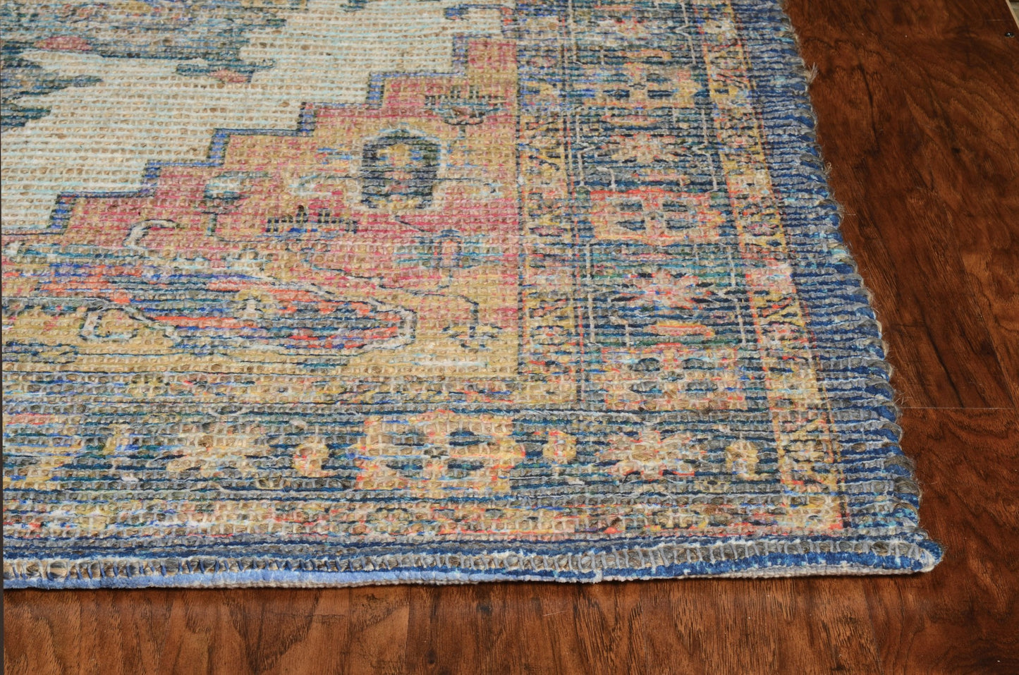 5' X 7' Blue Brick Red And Brown Jute Medallion Hand Woven Distressed Area Rug