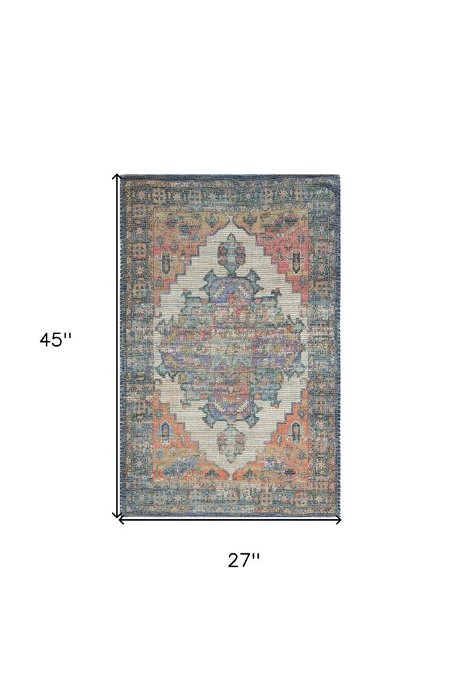 2' X 4' Blue Brick Red And Brown Jute Medallion Hand Woven Distressed Area Rug