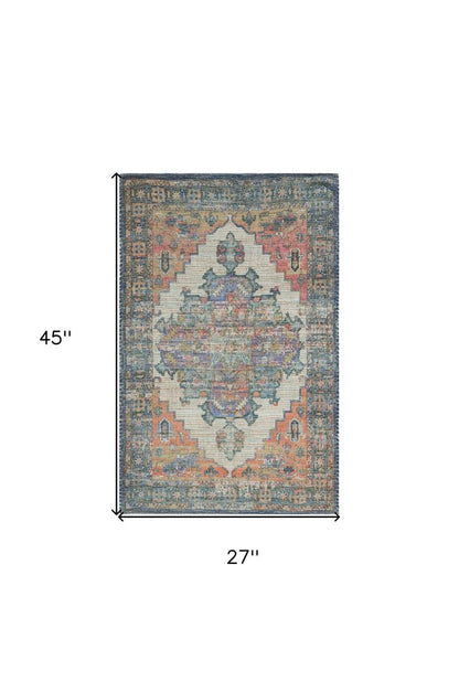 2' X 4' Blue Brick Red And Brown Jute Medallion Hand Woven Distressed Area Rug