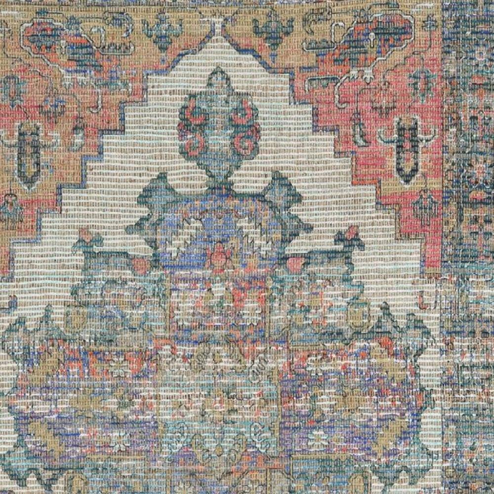 2' X 4' Blue Brick Red And Brown Jute Medallion Hand Woven Distressed Area Rug
