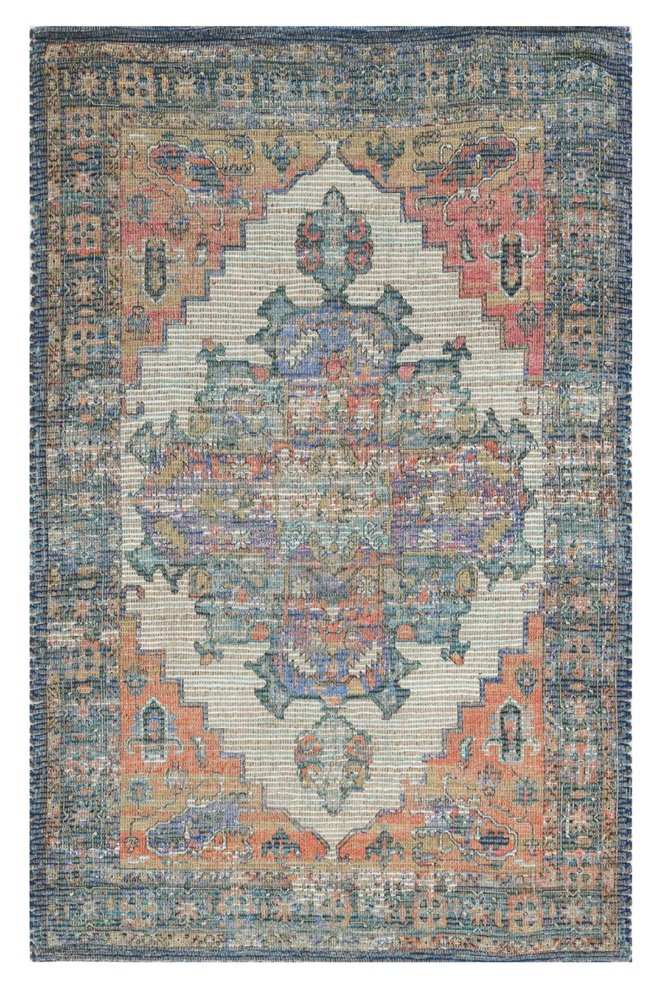 2' X 4' Blue Brick Red And Brown Jute Medallion Hand Woven Distressed Area Rug