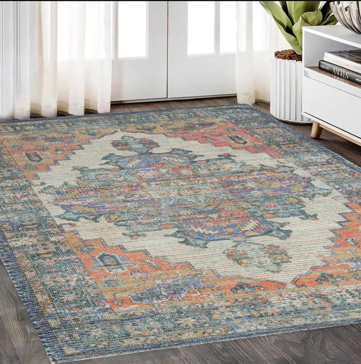 8' X 10' Blue Orange Hand Woven Diamond Medallion Indoor Area Rug