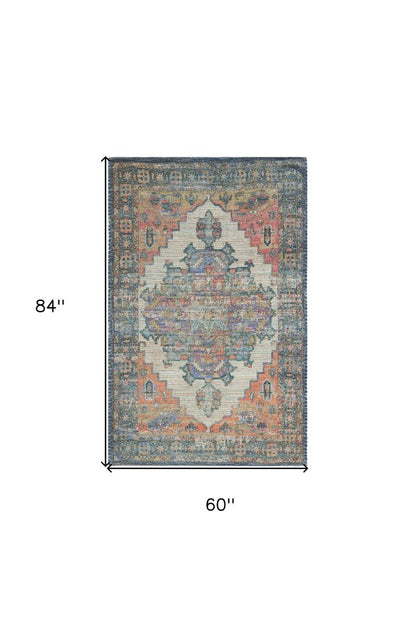 8' X 10' Blue Brick Red And Brown Medallion Hand Woven Distressed Area Rug