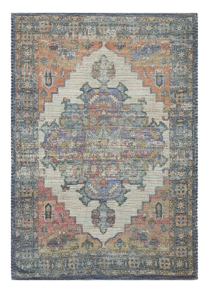 8' X 10' Blue Brick Red And Brown Medallion Hand Woven Distressed Area Rug