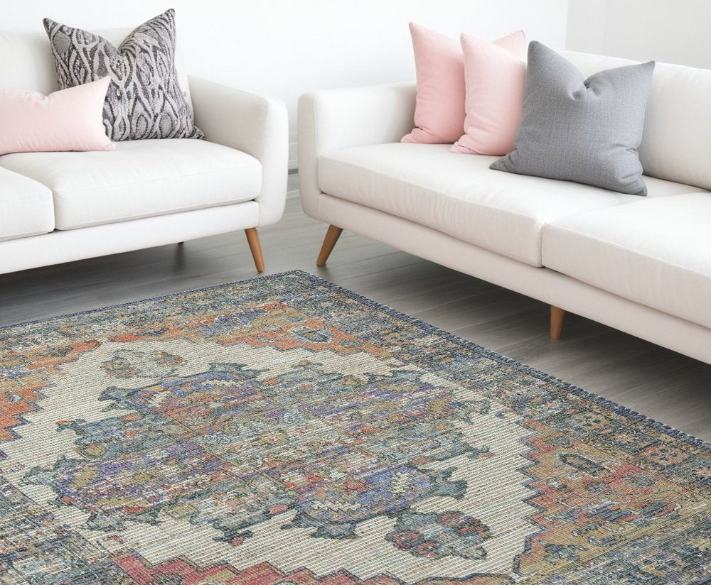 8' X 10' Blue Brick Red And Brown Medallion Hand Woven Distressed Area Rug