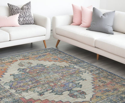 8' X 10' Blue Brick Red And Brown Medallion Hand Woven Distressed Area Rug