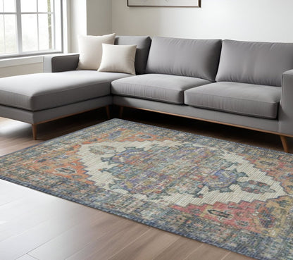 8' X 10' Blue Brick Red And Brown Medallion Hand Woven Distressed Area Rug