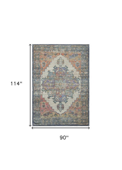 8' X 10' Blue Brick Red And Brown Medallion Hand Woven Distressed Area Rug