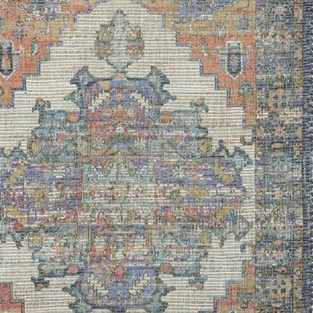 8' X 10' Blue Brick Red And Brown Medallion Hand Woven Distressed Area Rug