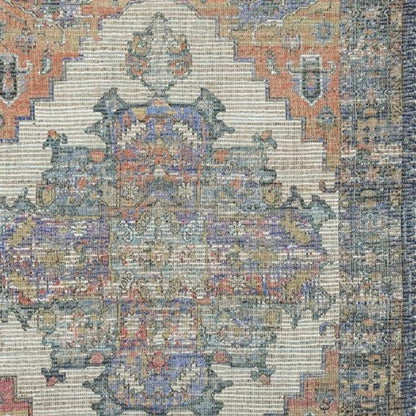 8' X 10' Blue Brick Red And Brown Medallion Hand Woven Distressed Area Rug