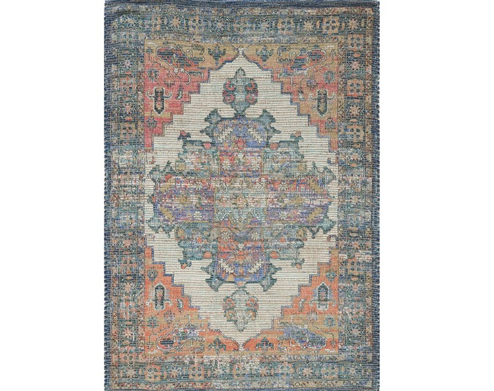 8' X 10' Blue Brick Red And Brown Medallion Hand Woven Distressed Area Rug