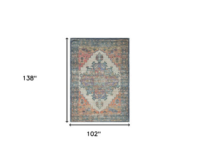 7' X 12' Blue Orange Hand Woven Traditional Medallion Indoor Area Rug